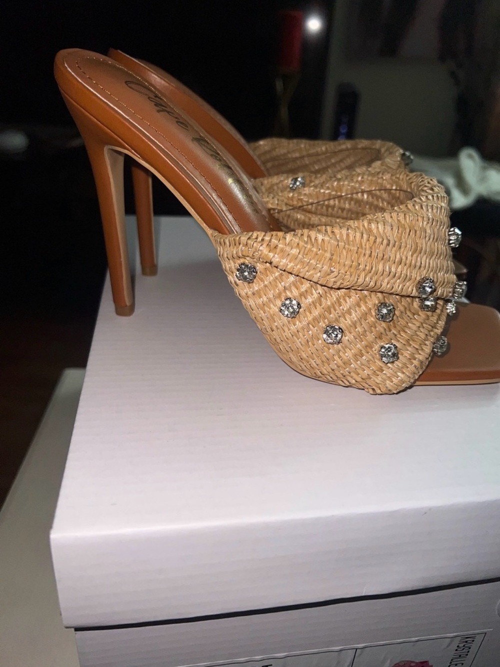 Cape Robbin Tan Woven Raffia Crystal-Embellished Heeled Mules